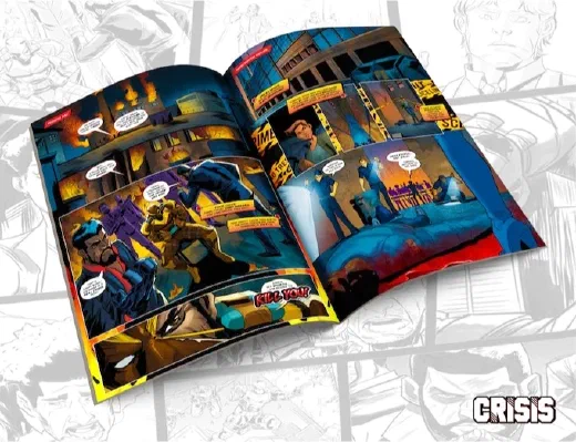 Crisis issue one, shown as an open printed comic over its pencilled pages