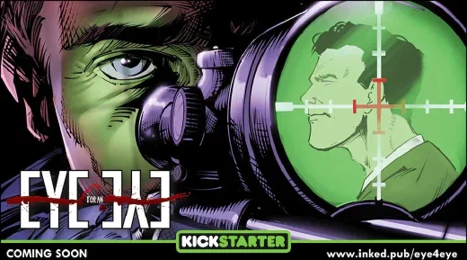 Eye for an Eye promotional art: a face in close-up beside a figure in a sniper's crosshairs