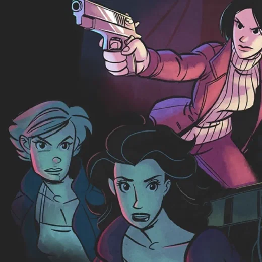 Dusk: The Origin cover art: a woman with a raised pistol standing over two others