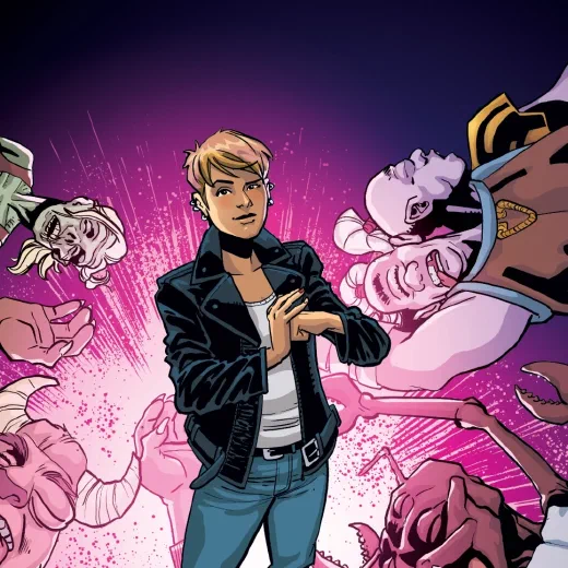Gun Street Girl key art: a woman in a leather jacket against a burst of pink light