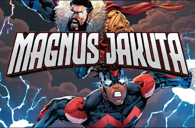 Magnus Jakuta cover art: a logo in gold over a line of costumed heroes against a lightning storm