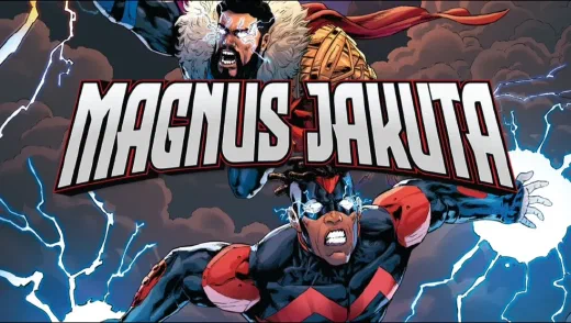 Magnus Jakuta cover art: a logo in gold over a line of costumed heroes against a lightning storm